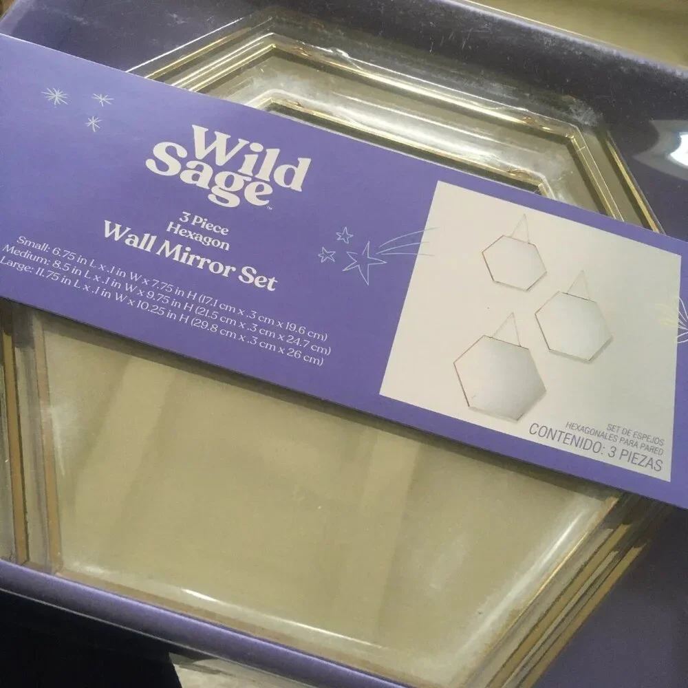 brand new Set of 3 Wild Sage Hexagon Goldtone Wall Mirrors with Chains